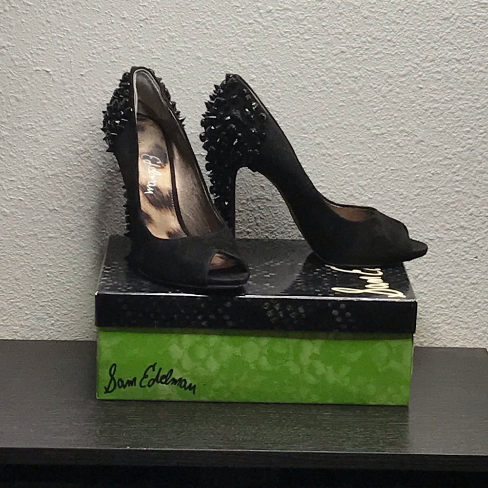 Sam Edelman S-Loressa black suede peep toe, spiked heeled pumps, womens size 8